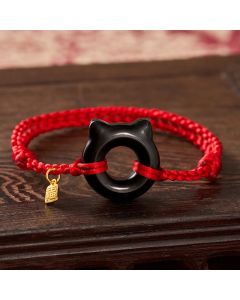 Buddha Stones Black Obsidian Cat Design Peace Buckle Fu Character Red String Protection Braided Bracelet - Black Obsidian(Wrist Circumference 17–18cm)