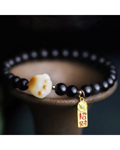 Buddha Stones Black Obsidian Cat Paw Bodhi Seed Lucky Fortune Charm Purification Bracelet - 6mm Black Obsidian(Wrist Circumference: 14-16cm)