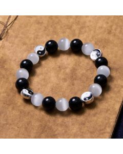 Buddha Stones Black Obsidian Cat's Eye Yin Yang Purification Strength Bracelet - Black Obsidian&Cat's Eye(Wrist Circumference 14-15cm)