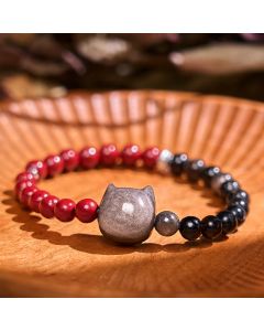 Buddha Stones Black Obsidian Cinnabar Silver Sheen Obsidian Cat Fulfilment Bracelet - Black Obsidian Cinnabar(Wrist Circumference: 14-16cm)