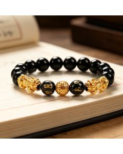 Buddha Stones Black Obsidian Copper Double Pi Xiu Om Mani Padme Hum Wisdom Bracelet - Golden