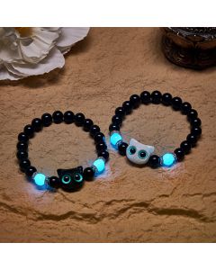 Buddha Stones Black Obsidian Cute Big Eye Cat Protection Beaded Bracelet - White Cat (Wrist Circumference: 15–16 cm)