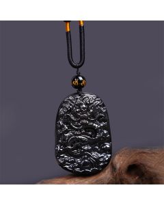 Buddha Stones Black Obsidian Dragon Carved Luck Protection Necklace Pendant - Trapezoidal Dragon 65mm*44mm