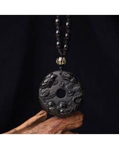 Buddha Stones Black Obsidian Dragon Phoenix Mandarin Duck Luck Protection Necklace Pendant - 34mm Black Obsidian&Bead Chain