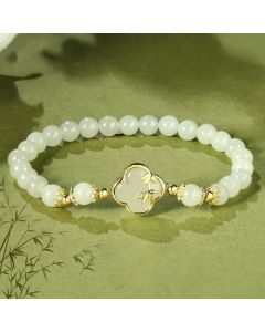 Buddha Stones Hetian Jade 925 Sterling Silver Four Leaf Clover Bamboo Luck Bracelet - Hetian Jade 925 Sterling Silver(Wrist Circumference: 14-16cm)