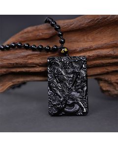 Buddha Stones Black Obsidian Guan Gong Amulet Engraved Strength Necklace Pendant - Guan Gong(Justice♥Wealth)