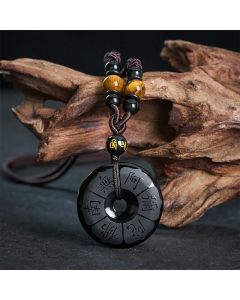Buddha Stones Black Obsidian Namo Ami Peace Buckle Protection Engraved Necklace - Black Obsidian(Purification♥Strength)