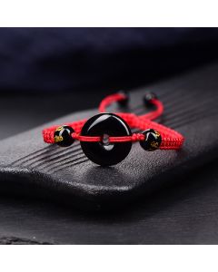 Buddha Stones Black Obsidian Peace Buckle Protection Braided Bracelet - Black Cord / Black Obsidian(Purification♥Strength)