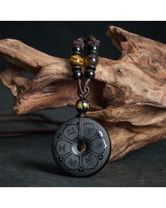 Buddha Stones Black Obsidian Peace Buckle Protection Engraved Braided Necklace - Om Mani Padme Hum(Love ♥ Wisdom)