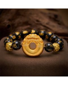 Buddha Stones Black Obsidian Pi Xiu Peace Buckle Om Mani Padme Hum Wealth Bracelet - Black Obsidia(Wrist Circumference: 6.7–7.1 in / 17–18 cm)