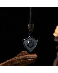 Buddha Stones Black Obsidian Shield Pattern Yin Yang Symbol Strength Necklace Pendant - Shield YIN YANG