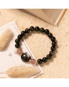 Buddha Stones Black Obsidian Strawberry Quartz Beads Silver Sheen Obsidian Cat Head Strength  Bracelet - Black Obsidian(Wrist Circumference: 15-17cm)