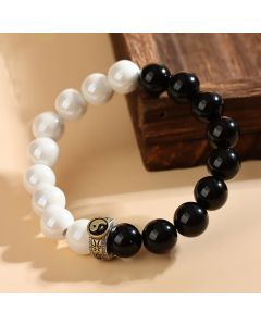 Buddha Stones Black Obsidian White Porcelain Beads Yin Yang Fulfilment Bracelet - Black Obsidian White Porcelain Beads(Wrist Circumference: 14-16cm)