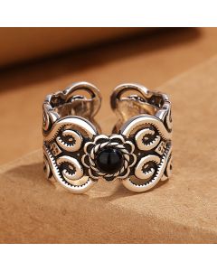 Buddha Stones Black Onyx Copper Mongolian Pattern Adjustable Fortune Ring - Black Onyx(Protection♥Fortune)(Inner Diameter 14mm)