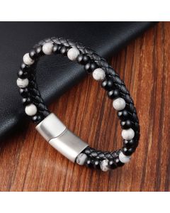 Buddha Stones Black Onyx Grey Jasper Titanium Steel Stability Leather Bracelet - Black Onyx Grey Jasper(Wrist Circumference: 18-19cm)