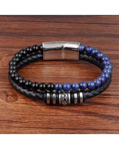Buddha Stones Black Onyx Lazurite Lapis Lazuli Titanium Steel Fortune Calm Leather Bracelet - Black Onyx Lazurite(Wrist Circumference: 18-19cm)
