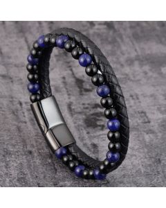 Buddha Stones Black Onyx Lazurite Lapis Lazuli Titanium Steel Positive Self Care Leather Bracelet - Black Onyx Lazurite(Wrist Circumference: 18-19cm)