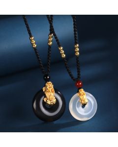 Buddha Stones Black Onyx White Agate Peace Buckle 999 Sterling Silver Gold PiXiu Fortune Necklace Pendant - White Agate 999 Sterling Silver Gold PiXiu(Length: About 36cm)