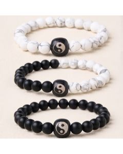 Buddha Stones Black Onyx White Turquoise Yin Yang Balance Round Bead Bracelet - White Turquoise / 5.9–6.3 in (15–16 cm)