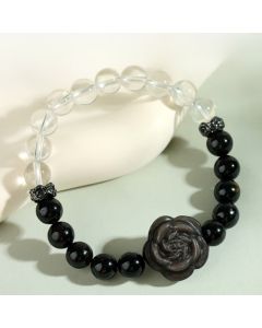 Buddha Stones Black Tourmaline Clear Quartz Carved Rose Flower Design Focus Bracelet - Black Tourmaline(Wrist Circumference 15–16cm)