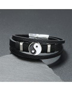 Buddha Stones Black White YIN YANG Multilayered Leather Balance Bracelet - White Leather(Wrist Circumference: 18-19cm)