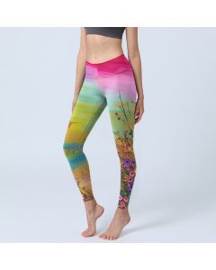 Buddha Stones Blooming Flower Bird Pattern Print Gym Leggings Women's Yoga Pants - YellowGreen / US18，UK/AU22，EU50 (4XL)