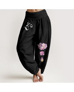 Buddha Stones Blooming Lotus Om Symbol Pattern Women's Elastic Waist Harem Pure Cotton Pants - OliveDrab / US16，UK/AU20，EU48 (3XL)