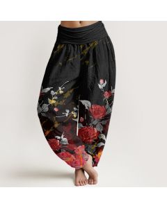Buddha Stones Cotton Blooming Roses Pattern Women's Elastic Waist Harem Pants - Black / US16，UK/AU20，EU48 (3XL)
