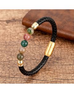 Buddha Stones Blue Agate Tiger Eye Lava Rock Black Onyx Lazurite Lapis Lazuli Bead Protection Leather Bracelet - Tiger Eye / 18-22cm