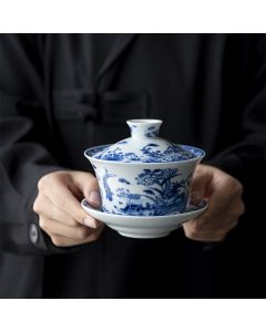 Buddha Stones Blue And White Porcelain Lotus Koi Fish Lion Dance Watermelon Ceramic Gaiwan Sancai Teacup Kung Fu Tea Cup And Saucer With Lid 300ml - Watermelon 12.4cm*11cm*300ml