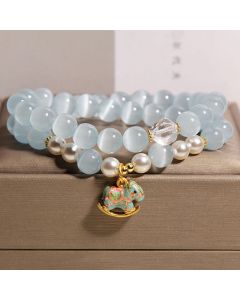 Buddha Stones Blue Cat Eye Trojan Horse Charm Support Double Wrap Bracelet - Cat's Eye(Wrist Circumference 14-15cm)