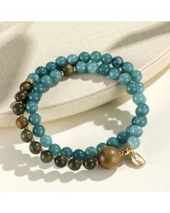 Buddha Stones Blue Chalcedony Green Sandalwood Small Leaf Red Sandalwood Double Wrap Emotional Balance Bracelet - Blue Chalcedony Sandalwood(Wrist Circumference: 14-16cm)