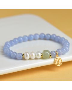 Buddha Stones Blue Chalcedony Pearl Beads Energy Bracelet - Blue Chalcedony(Wrist Circumference: 15-16cm)