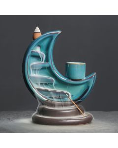 Buddha Stones Blue Crescent Moon Ceramic Backflow Smoke Fountain Meditation Candlestick Incense Burner Decoration - Crescent Moon 12.2*7.6*14.8cm