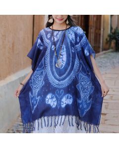 Buddha Stones Blue Geometry Batik Shawl Tassels Cozy Travel Pullover 90*95cm - Blue 90*95cm