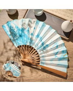 Buddha Stones Blue Gold Lacquer Floating Pattern Ink Bamboo Paper Folding Fan - 10-Inch Folding Fan Blue Gold / Closed Size: Approx. 33 cm /13.0 in