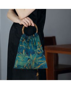 Buddha Stones Blue Green Bamboo Leaves Bamboo Handles Handbag - Blue Green Bamboo Leaves 27*29cm