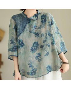 Buddha Stones PLUS SIZE Blue Jacaranda Flower Design Three Quarter Sleeve Shirt - US16，UK/AU20，EU48 (3XL)