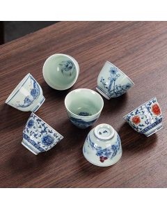 Buddha Stones Blue Landscape Mountains Lotus Cute Cat Pavilions Magnolia Reed Egrets Ceramic Teacup Small Kung Fu Tea Cup - Reed Egrets 6cm*4.5cm*50ml