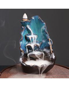 Buddha Stones Blue Lotus Leaf Ceramic Backflow Smoke Fountain Spiritual Incense Burner Decoration - Blue Lotus 10.1*9.6*16.2cm