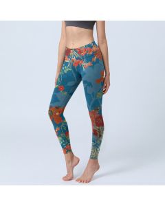 Buddha Stones Blue Red Flowers Birds Print Gym Leggings Women's Yoga Pants - SteelBlue / US18，UK/AU22，EU50 (4XL)