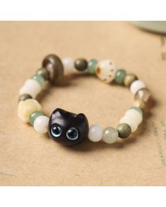 Buddha Stones Bodhi Seed Green Sandalwood Ebony Wood Small Leaf Red Sandalwood Cat Head Paw Claw Peace Bracelet - Ebony Wood Cute Cat(Yellow Eyes)(Wrist Circumference 14-16cm)