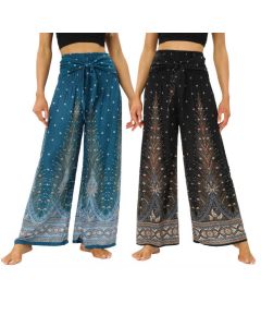 Buddha Stones Boho Peacock Feathers Lace-up Wide Leg Pants Women's Yoga Pants - DarkTurquoise / US2-12，UK/AU6-16，EU34-44 (F)