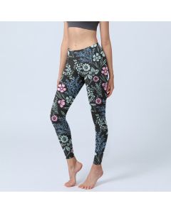 Buddha Stones Bold Color Contrast Flower Leaf Pattern Print Gym Leggings Women's Yoga Pants - Black / US18，UK/AU22，EU50 (4XL)