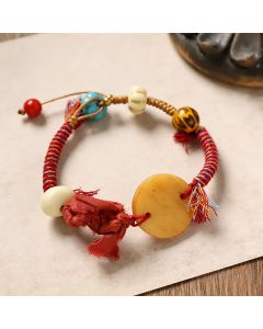Buddha Stones Bone Fu Character Braided Rope Peace Bracelet - Sun Pattern Bone(Wrist Circumference:20-22cm)