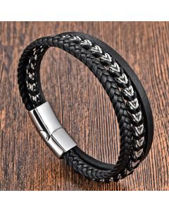 Buddha Stones Braided Design Titanium Steel Calm Multi-layer Leather Buckle Bracelet - Single-layer Black(Wrist Circumference: 18-20cm)