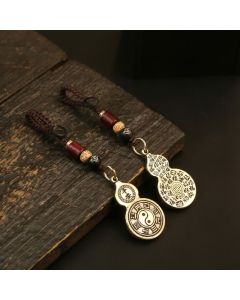 Buddha Stones Brass Bagua Gourd Pi Xiu Five Emperor Coins Pendant Protection Amulet Keychains - Gourd