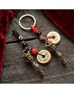 Buddha Stones Brass Dragon Ruyi Five Emperor Coins Success Keychains - Red String
