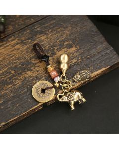 Buddha Stones Brass Elephant Five Emperor Coins Gourd Pi Xiu Wisdom Keychains - Coins Pi Xiu Gourd