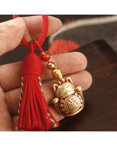 Buddha Stones Brass Hand-Woven Red String Fu Character Blessing Tassel Keychains - Lucky Cat Red Tassel